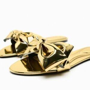 ZARA METALLIC SANDALS WITH BOW GOLD